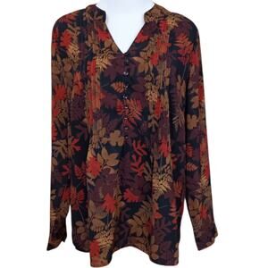 Artsy Blouse Peasant Top M Foliage Leaves Colorful Nature Autumn Fall‎ Pin Tuck